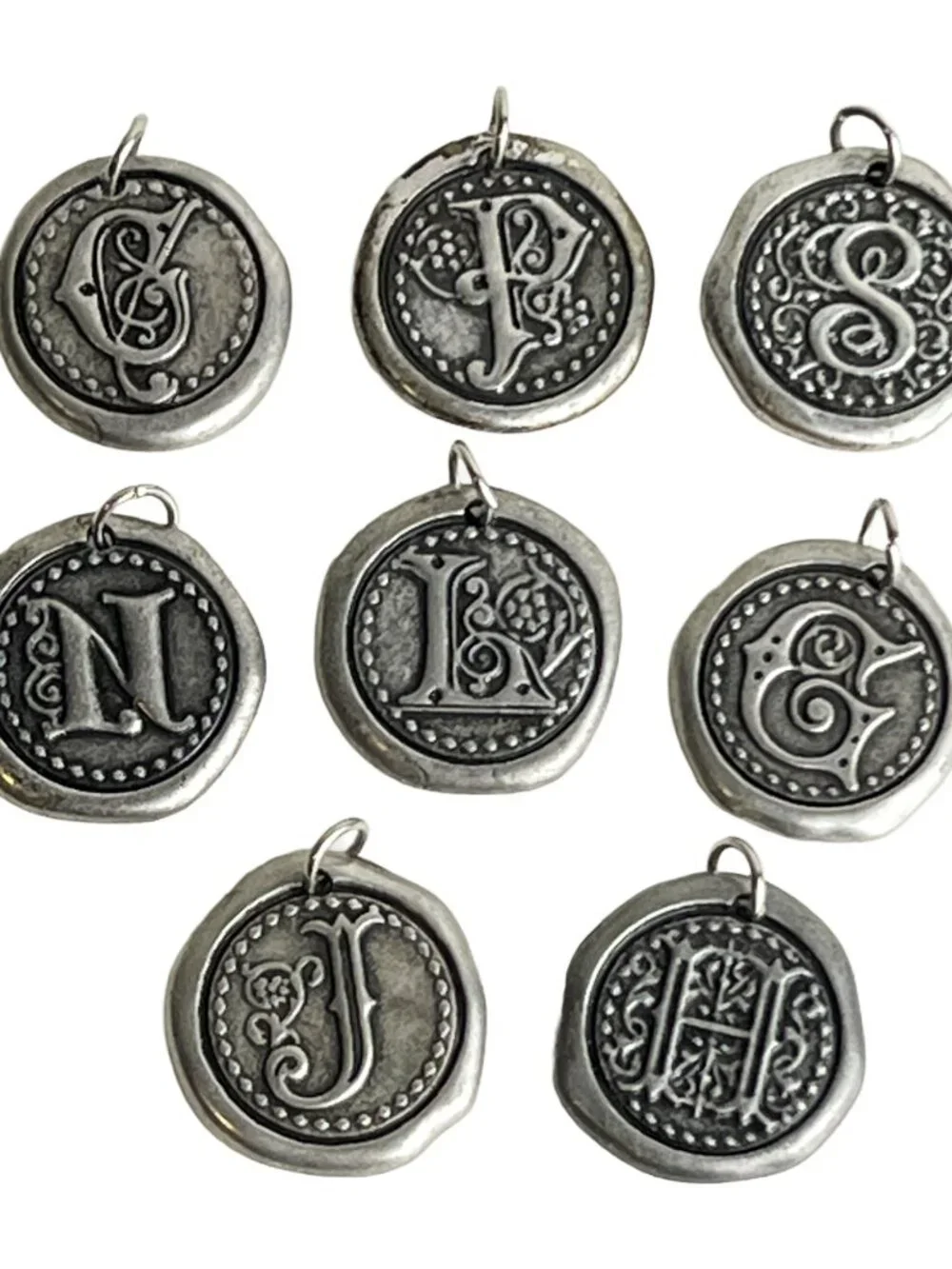 8 Vintage Wax Seal Initial Charms – Antique Silver Monogram Letter Pendants